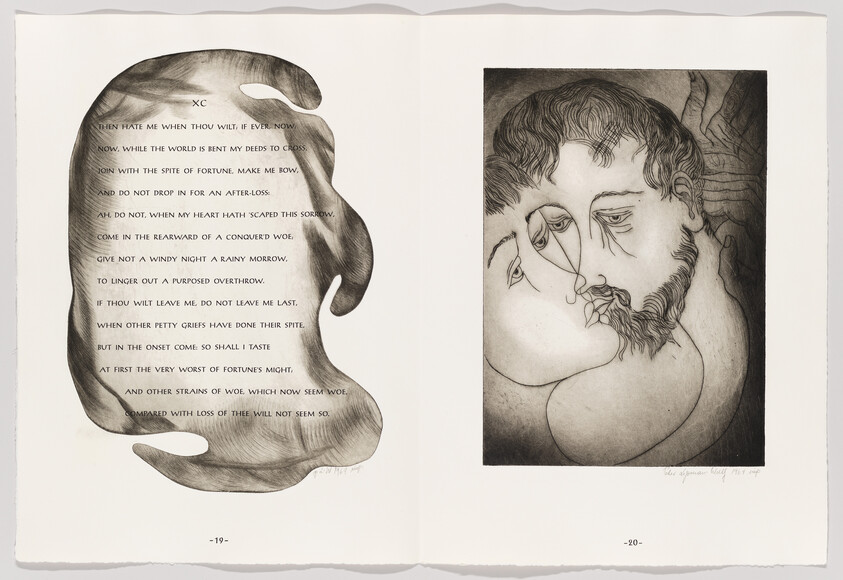 Two-page spread showing a stylized couple kissing with intertwined faces beside a page of poetic text.