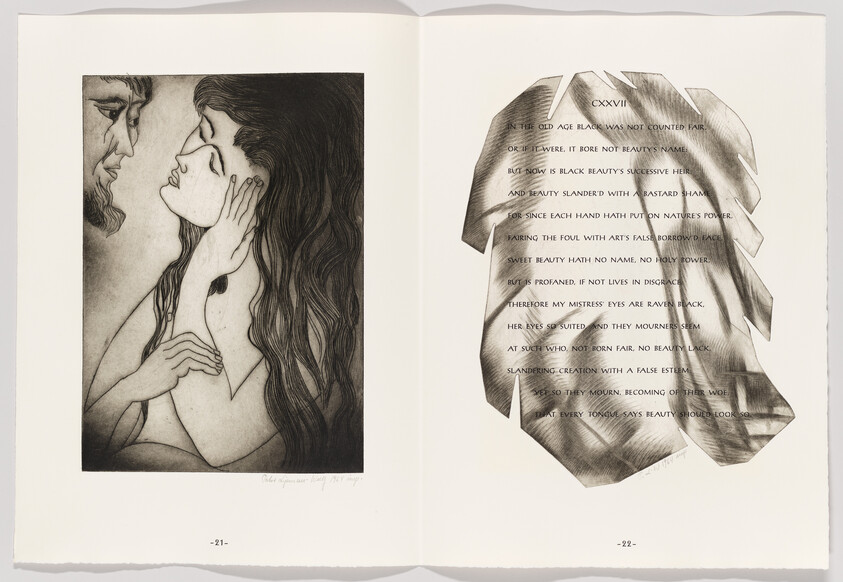 Open book showing an intimate engraving of a man and woman embracing left and a poem on the right.