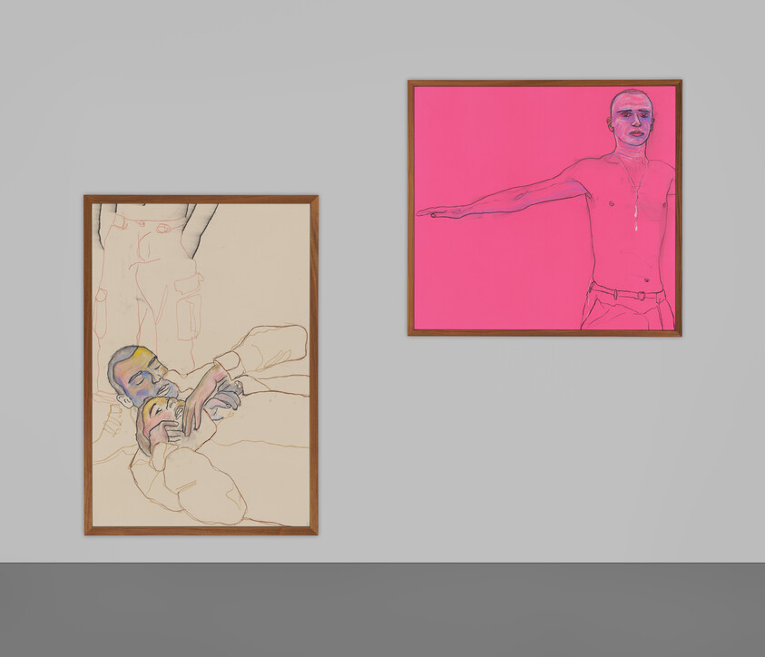 Two framed drawings hang: one shows a reclining person holding another's face, the other a shirtless man.