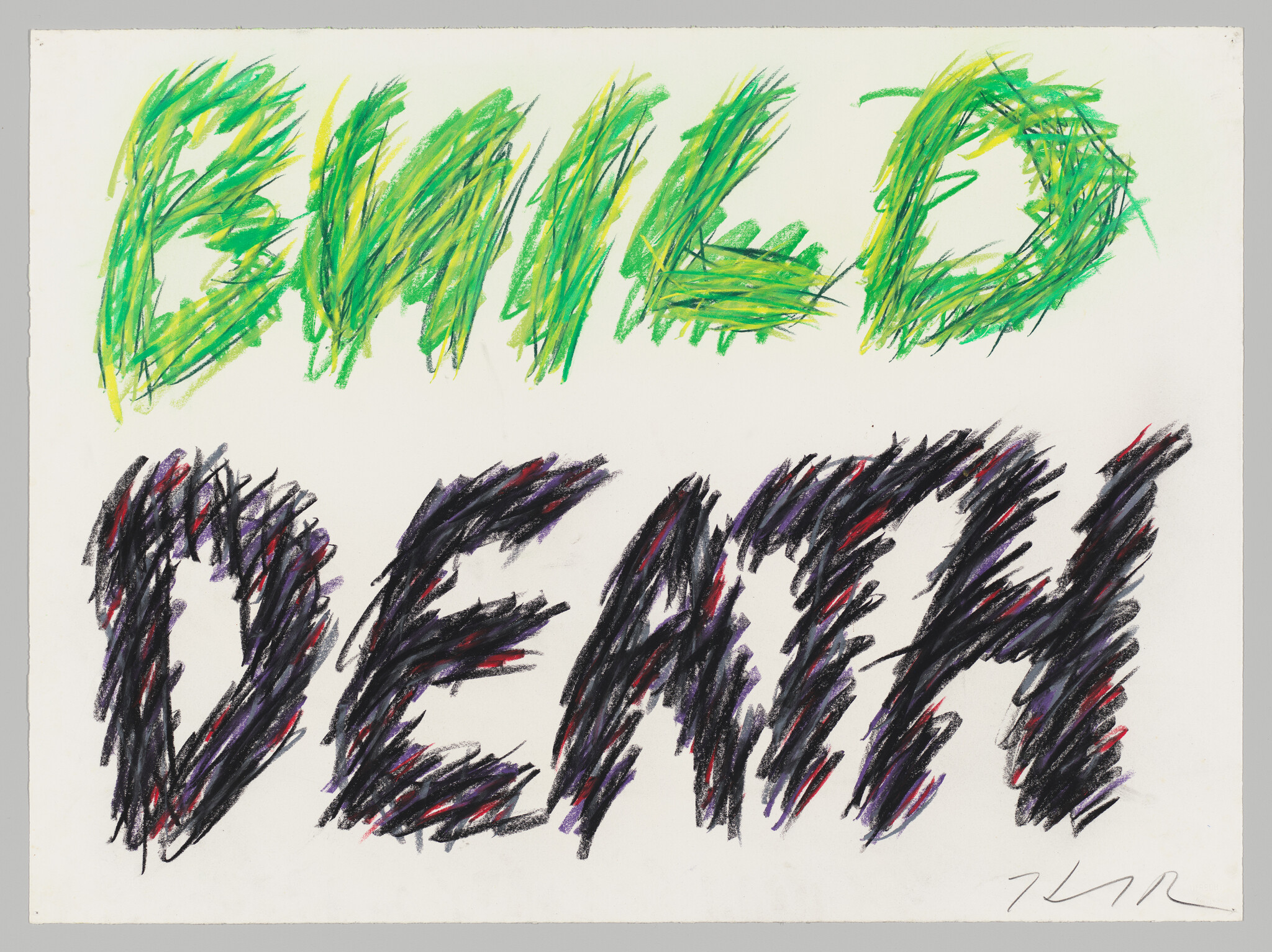 Green scribbled word "BUILD" above large black scribbled word "DEATH" on a white background.