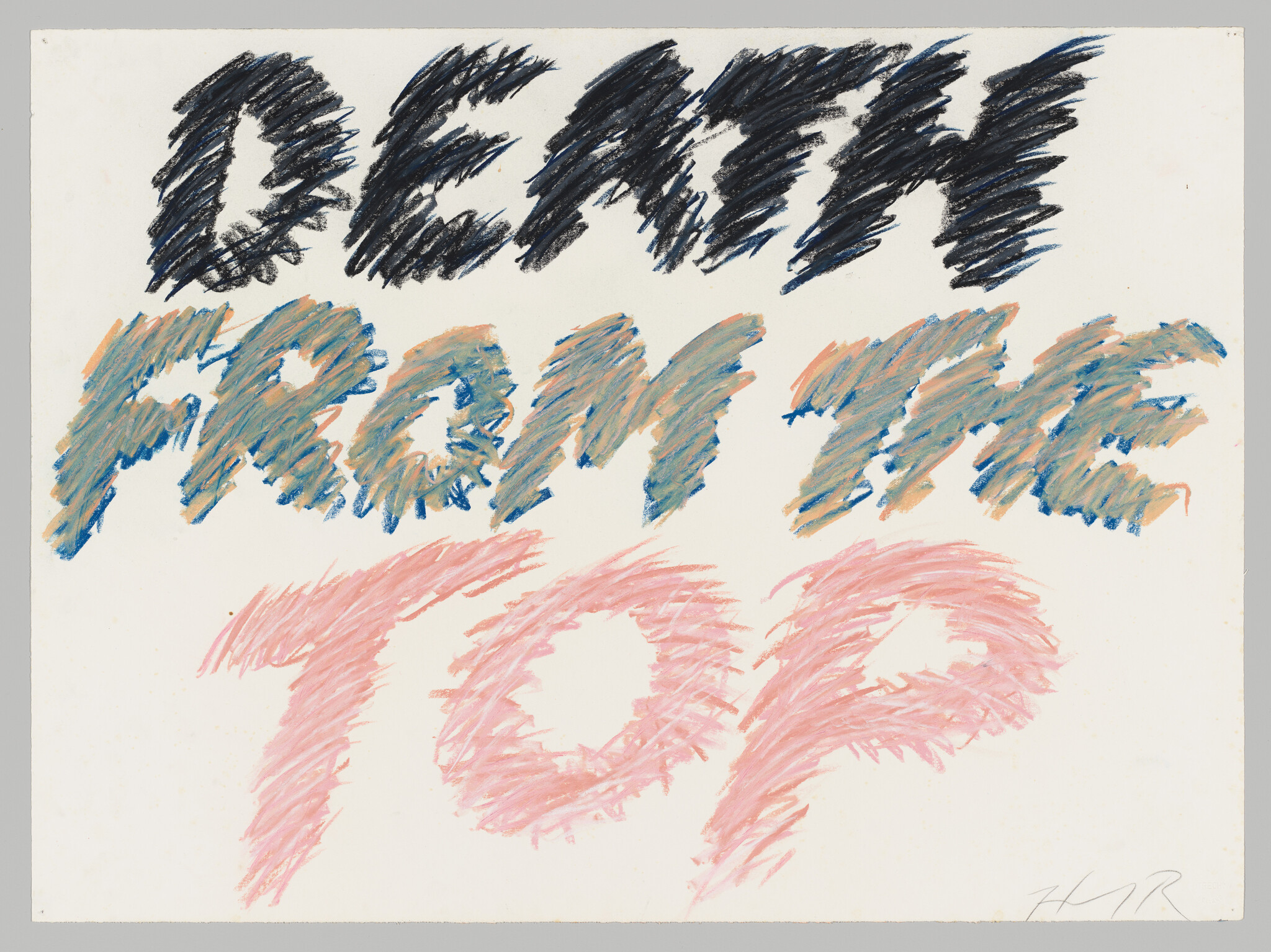 Scribbled colored text reading "DEATH FROM THE TOP" in rough crayon strokes.