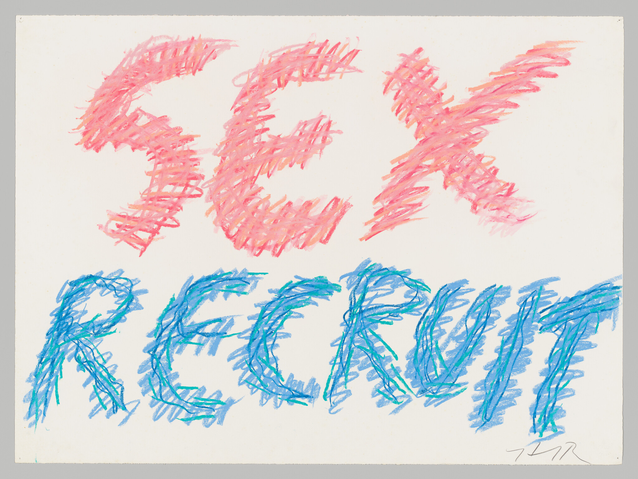 Handwritten words "SEX RECRUIT" in pink and blue crayon with a scribbled style on a white paper background, signed with initials in the bottom right corner.