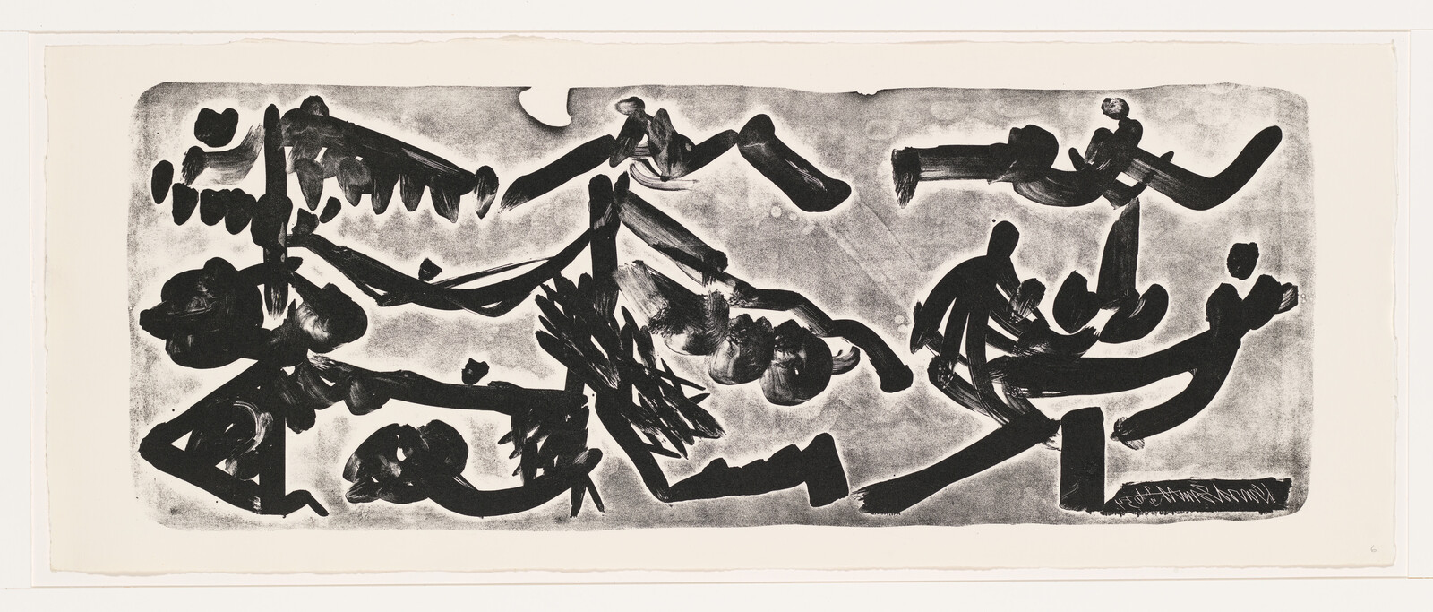 Bold black brushstrokes form abstract, flowing shapes across a gray textured rectangular background.