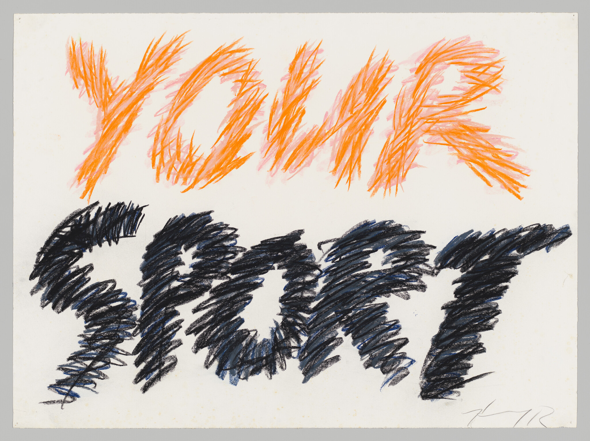 Bold scribbled words "YOUR SPORT" in orange and black crayon across white paper.