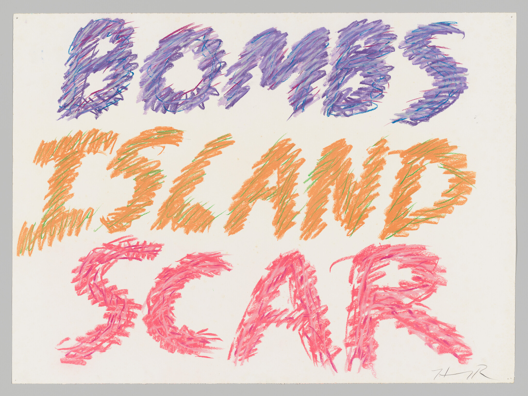 Large crayon scribbles spell the words bombs, england, and scar in purple, orange, and pink.