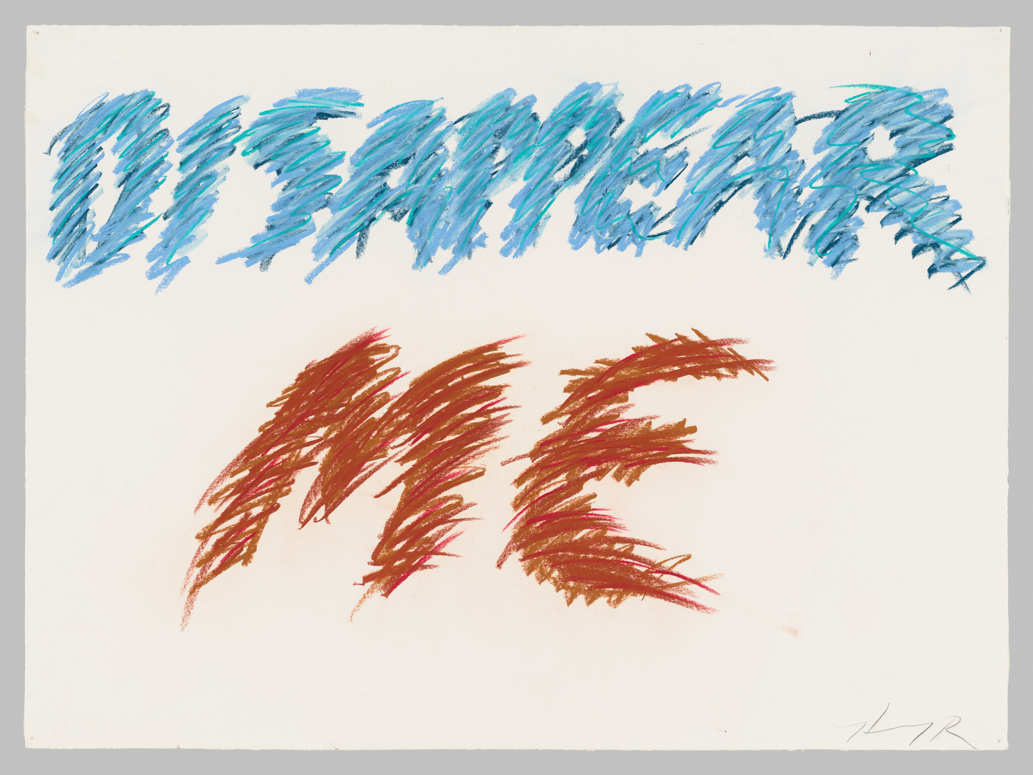 Large red scribbled letters reading ME centered beneath blue scribbled marks at the top.