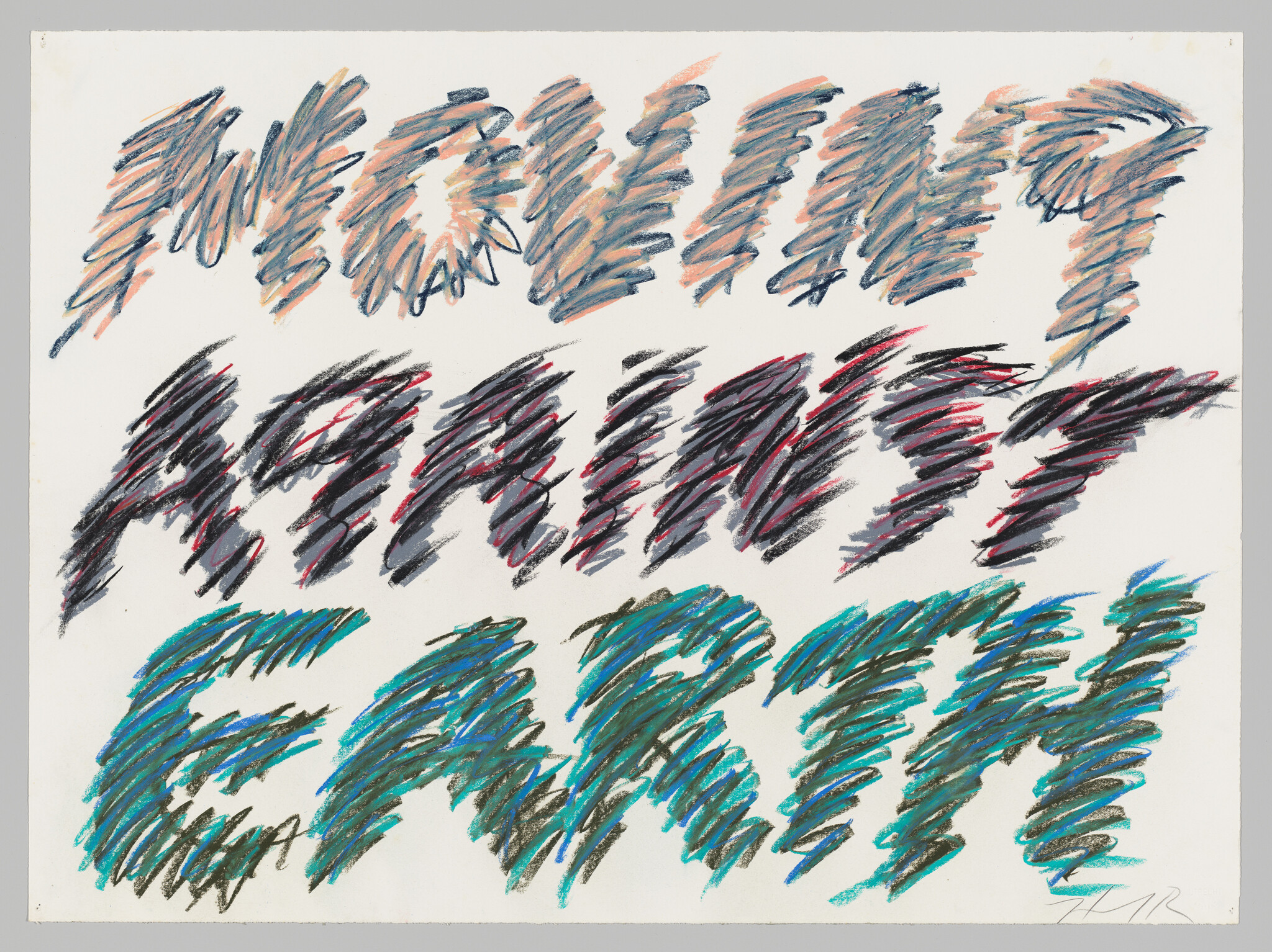 Large colorful crayon letters reading "MOVING AGAINST EARTH" scrawled across a white sheet.