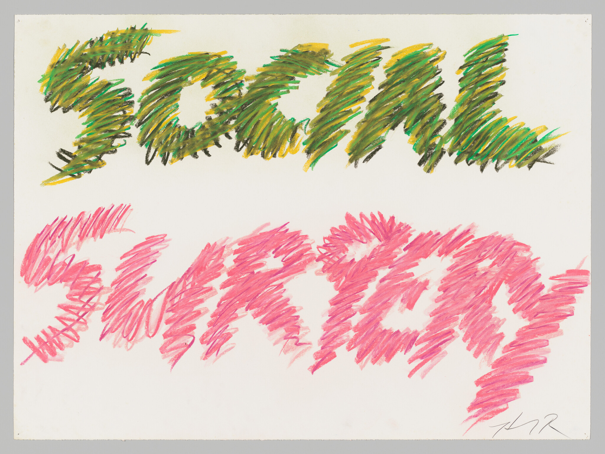 Two large scribbled words in green and pink crayon on white paper.