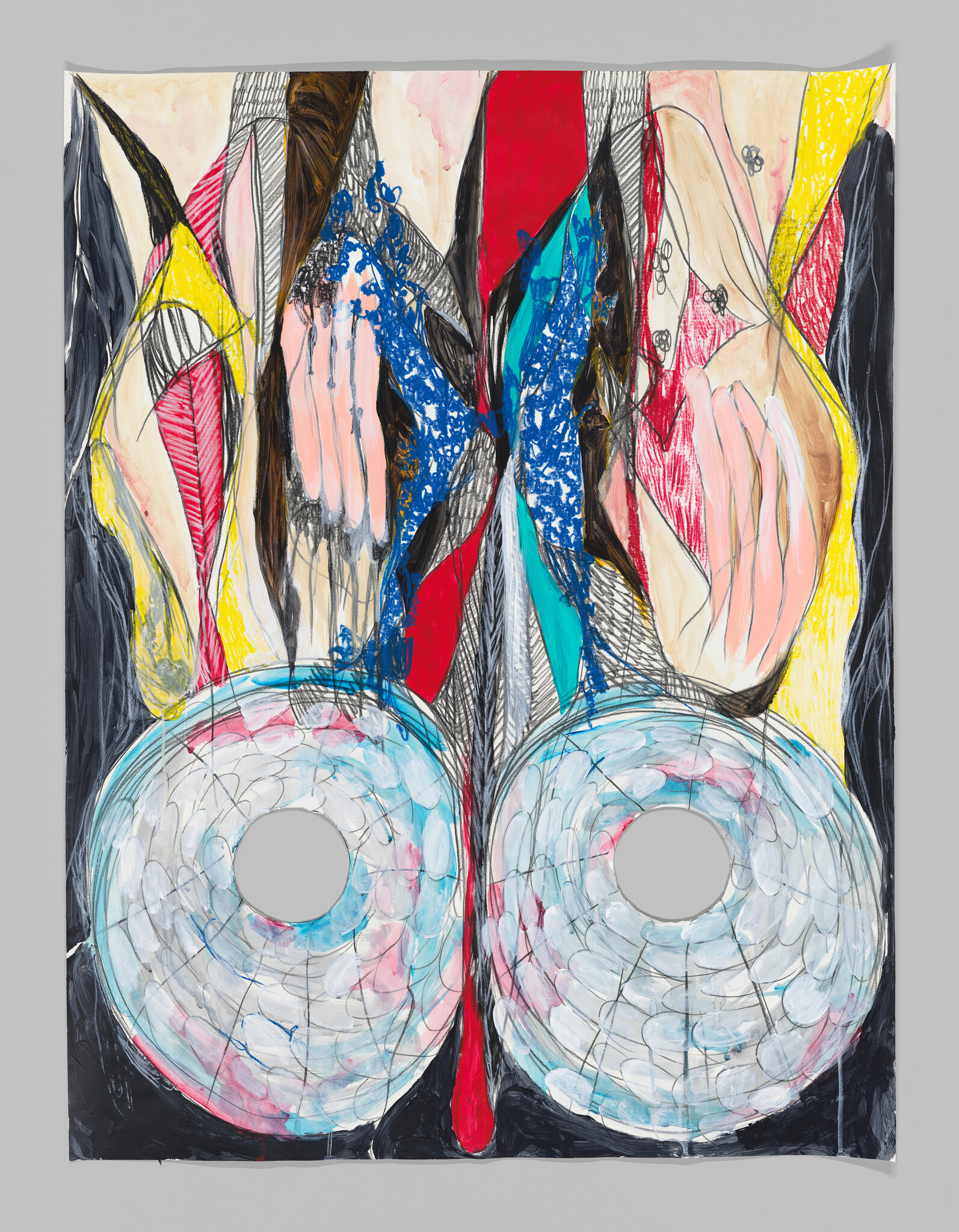 Large colorful abstract painting with two circular spiral forms and layered textured shapes.