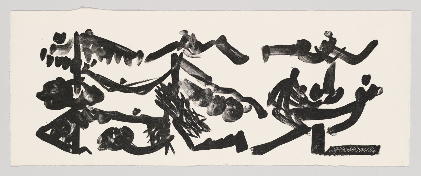 Bold black brushstrokes form energetic abstract shapes across a wide white sheet of paper.