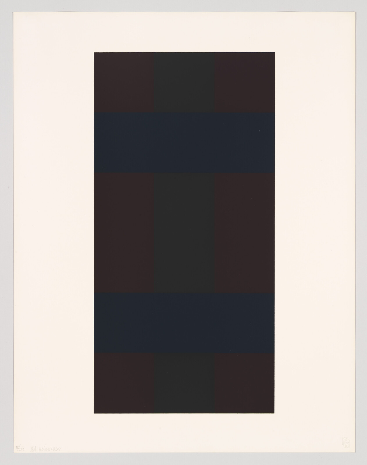 Tall dark rectangle with two wide navy bands and black grid blocks centered on a white field.