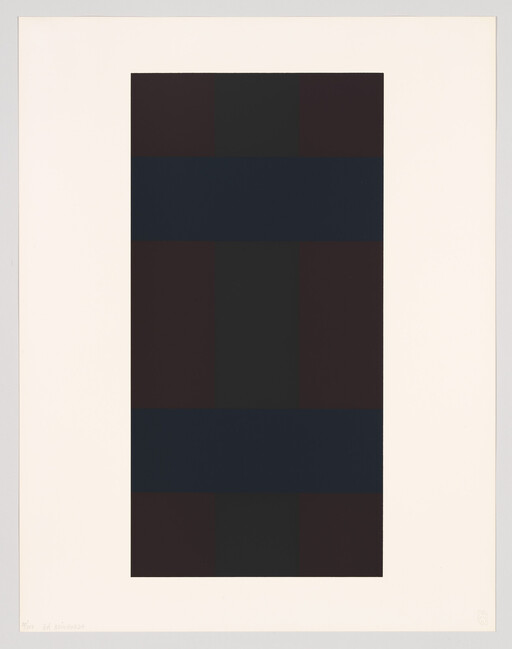 Tall dark rectangle with two wide navy bands and black grid blocks centered on a white field.