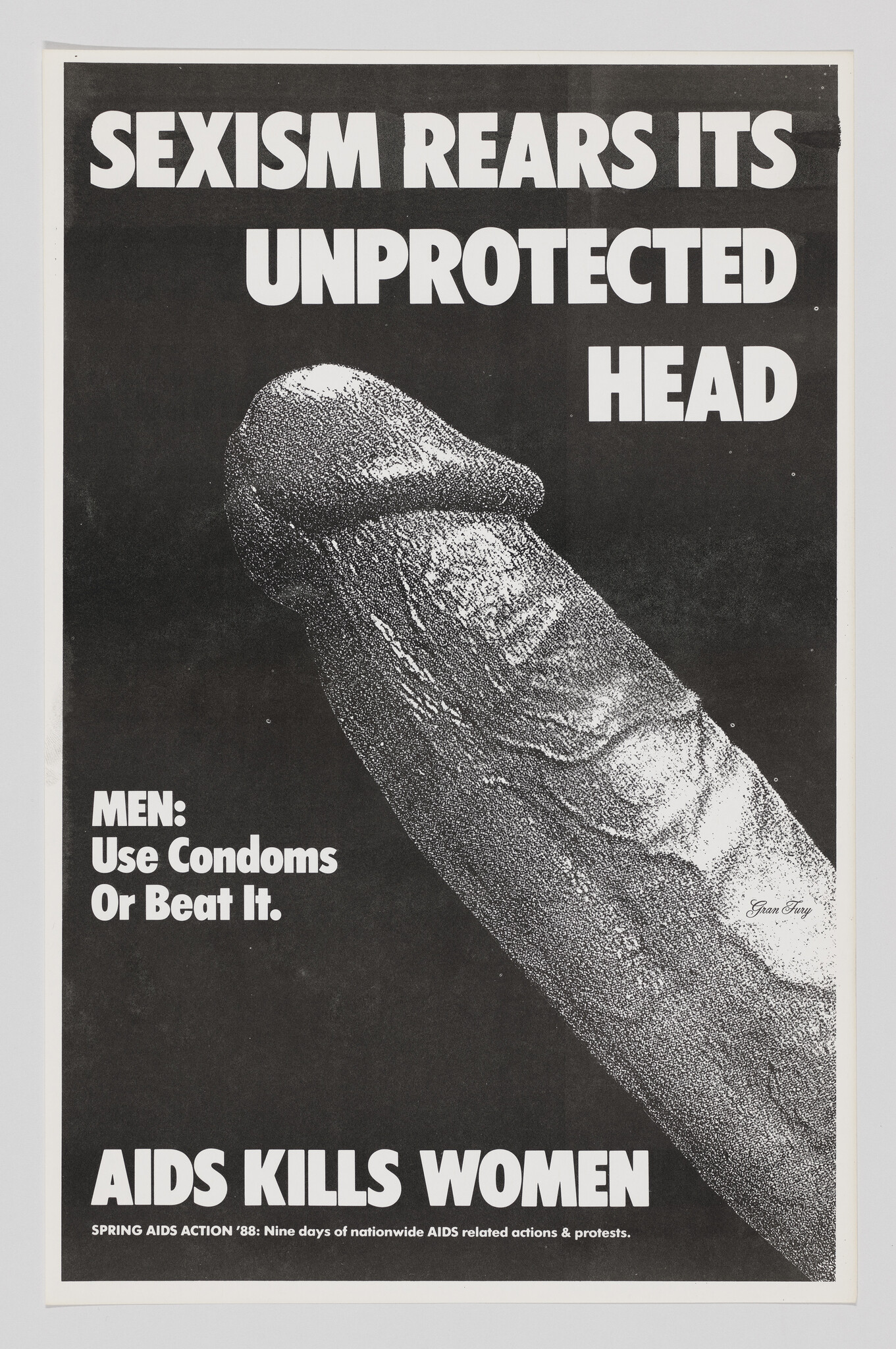Bold poster showing a large erect penis illustration and the message: "AIDS kills women."
