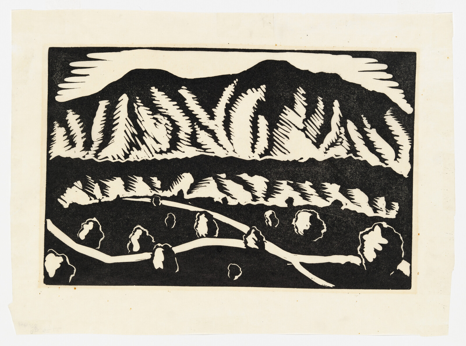 A stylized black-and-white woodcut showing mountains, ridges, and trees in the foreground.
