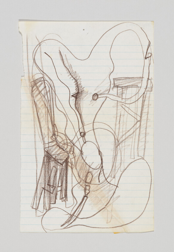 Abstract brown pencil sketch of flowing organic shapes and intersecting lines on lined notebook paper.