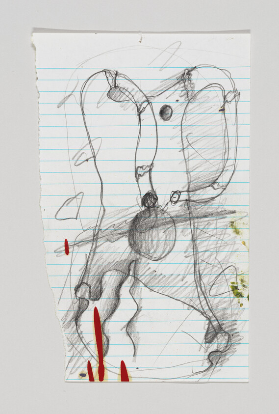 Rough pencil sketch of an abstract humanoid figure with red paint drops on lined notebook paper.