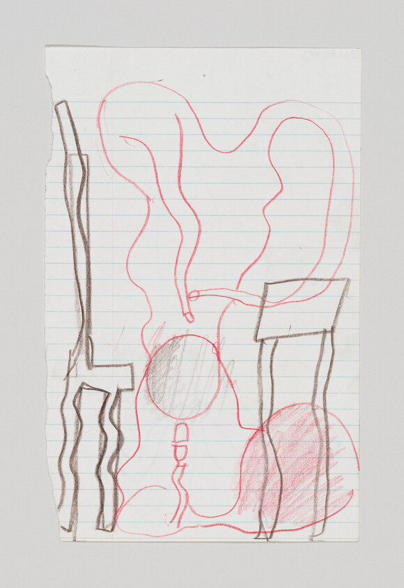 A rough pencil and red crayon drawing shows two tall chair-like figures and a round central shape.