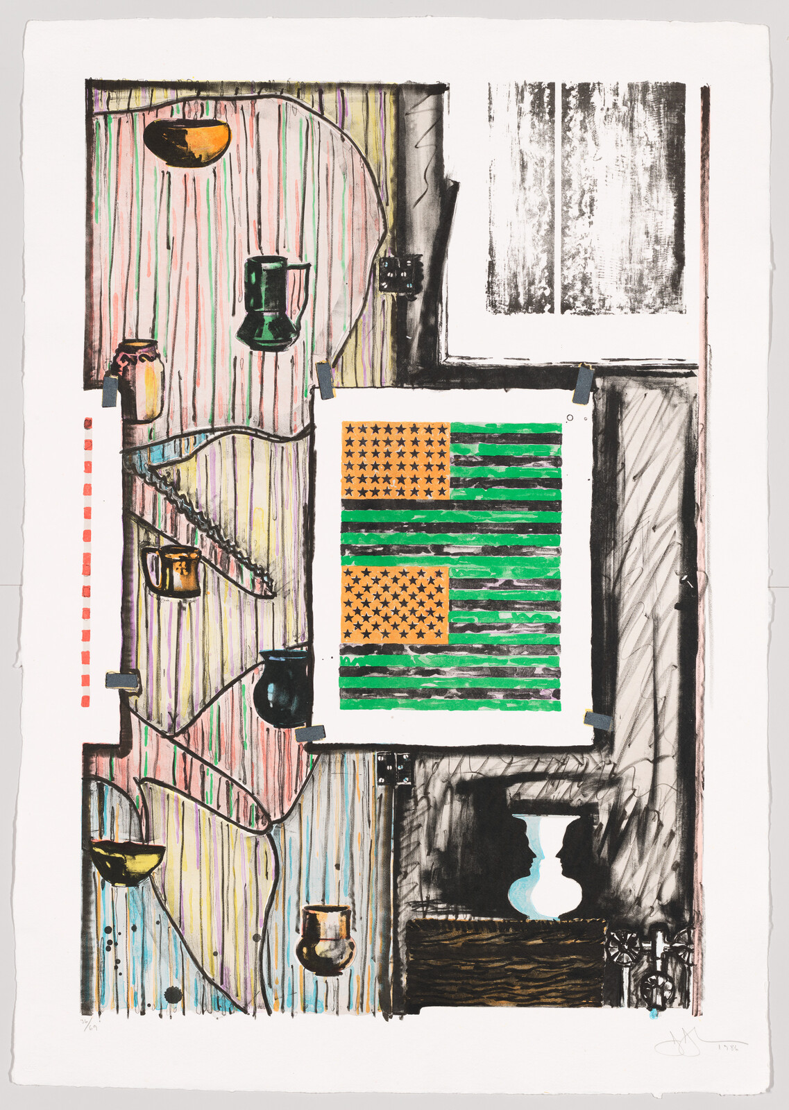 A green-striped American flag print with orange star blocks clipped to a colorful patterned wall.