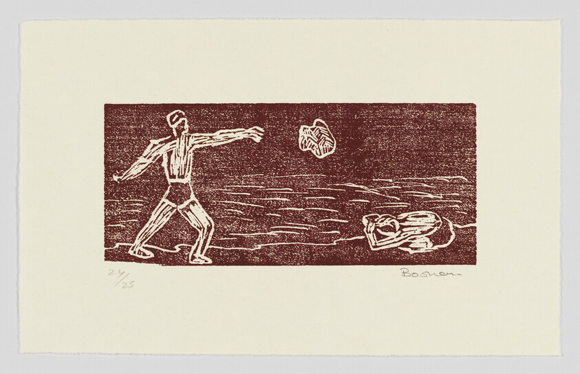 A stylized figure throws a ball across water toward a person curling up near the shore.
