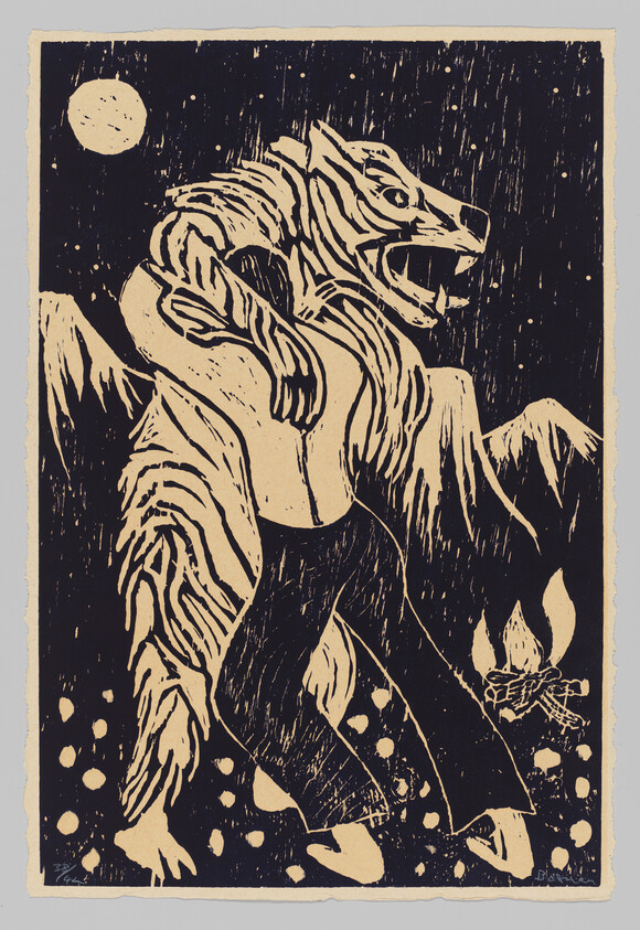 A tiger-headed figure carries a limp person through a rocky landscape under a moonlit sky.