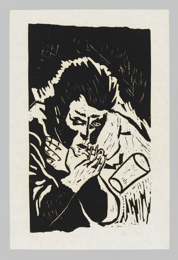 A person cups their hands to their mouth as a fallen cup lies nearby.