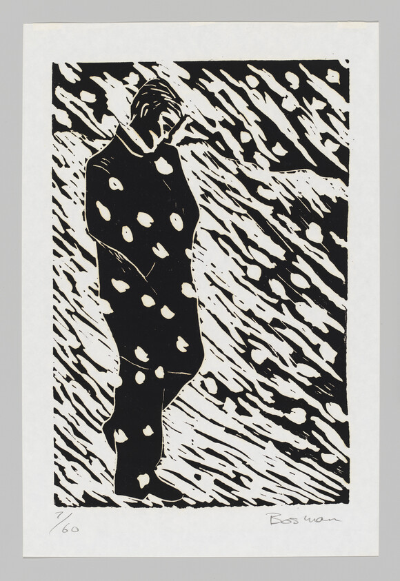 A solitary figure in a spotted coat stands looking down amid heavy diagonal snowfall.