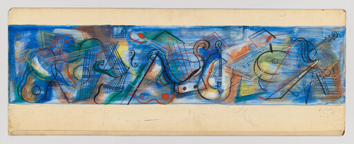 Abstract mural of overlapping stringed instruments and musical motifs in blue and warm tones.