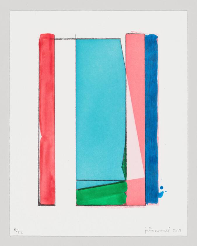 Abstract composition of tall colored rectangles and angular shapes in red, turquoise, pink, blue, and green.