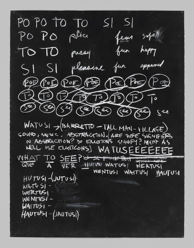 Chalkboard covered in handwritten syllables, circled words, and notes about Watusi.