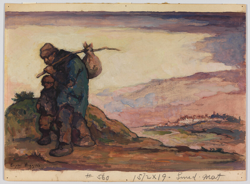 An old man carrying a bundle walks with a small child across a windswept hill at sunset.