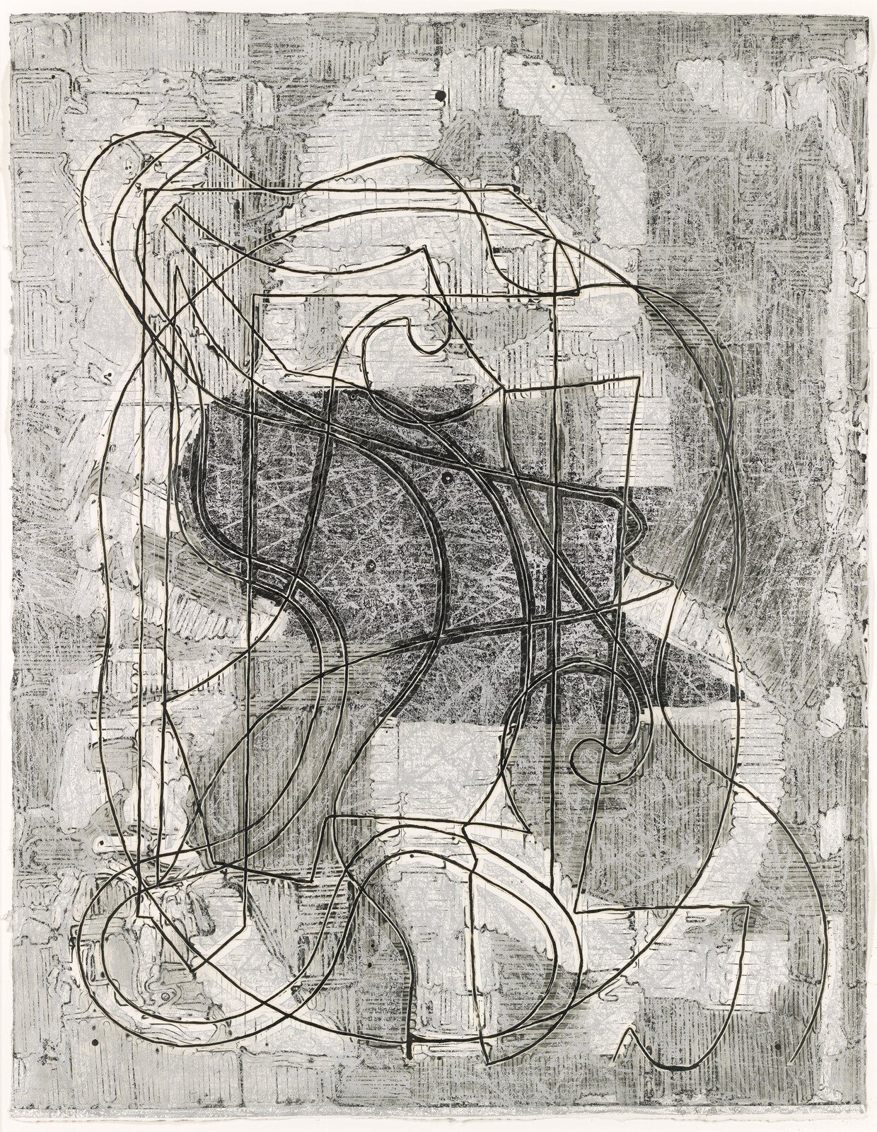 Tangled black and gray lines loop over a textured gray and white background.