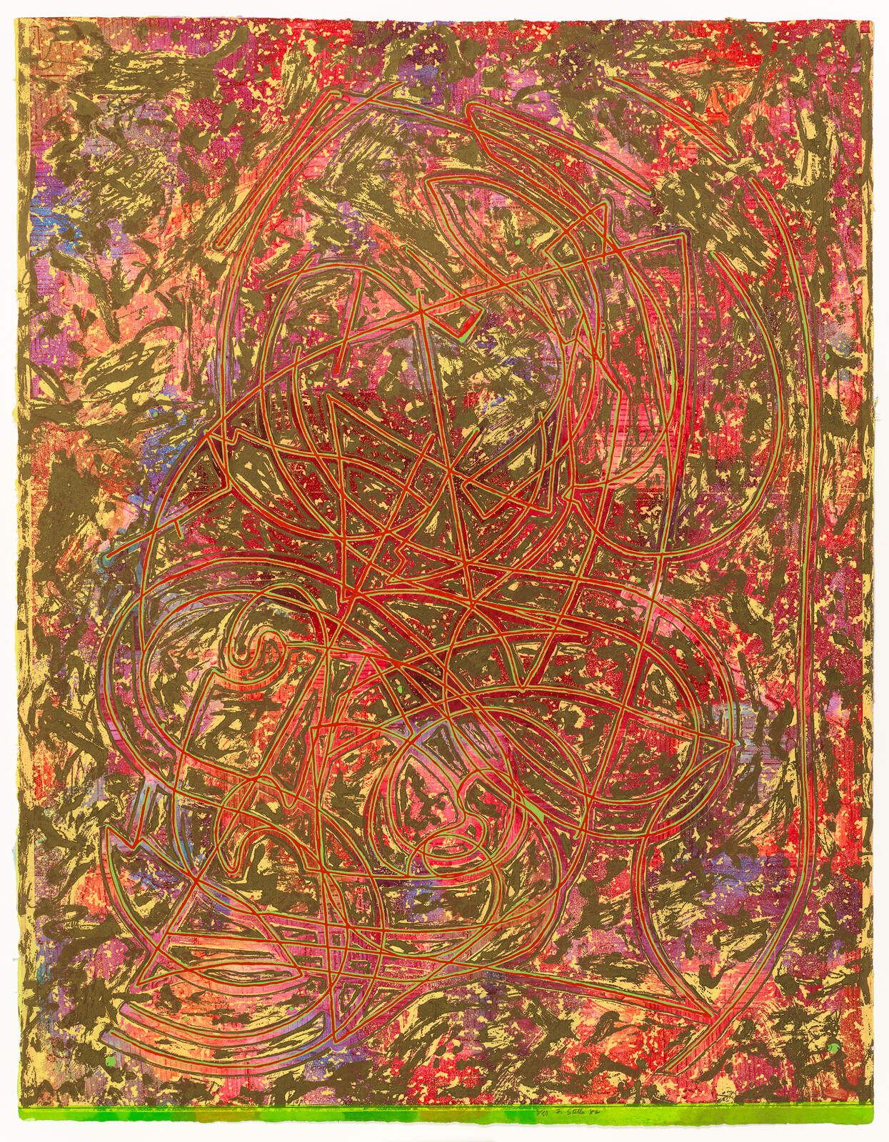 Abstract painting with gold and red swirling geometric lines over a speckled pink and brown background.