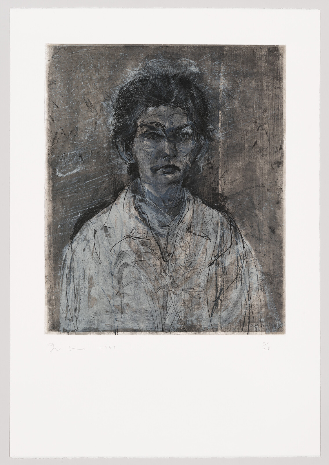 A monochromatic etching of a woman's portrait with expressive lines and shading, featuring a prominent gaze and detailed facial features, set against a textured background. The artwork is signed and dated in the lower margin.