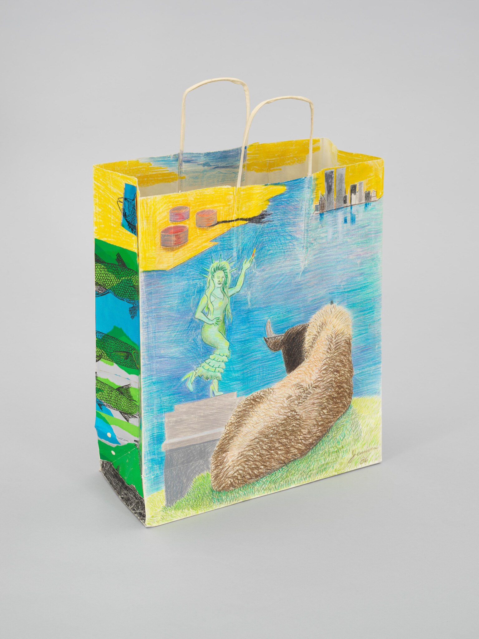 A colorful hand-painted shopping bag with a vibrant scene depicting a mermaid, a large ship, and a city skyline on a blue water background. The bag has yellow sides and top, with twin beige handles for carrying.