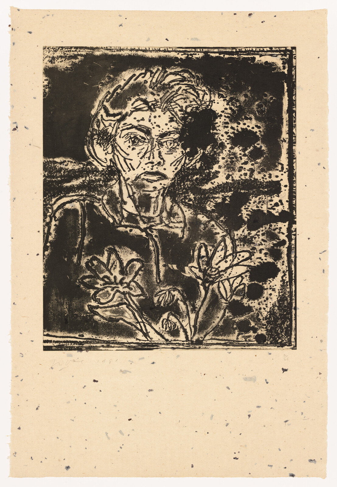 An expressive black and white print depicting a person with prominent eyes and tousled hair, surrounded by abstract patterns and floral motifs, on a textured beige paper background.