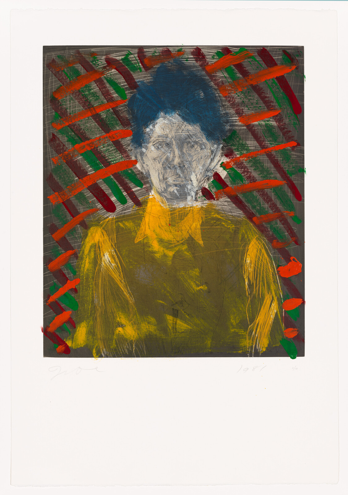 A painted portrait of a person with blue hair wearing a yellow shirt against red and green crosshatched marks.