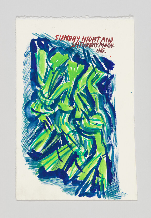 Abstract green and blue brushstrokes forming layered figures with text "Sunday Night and Saturday Morning" at top.