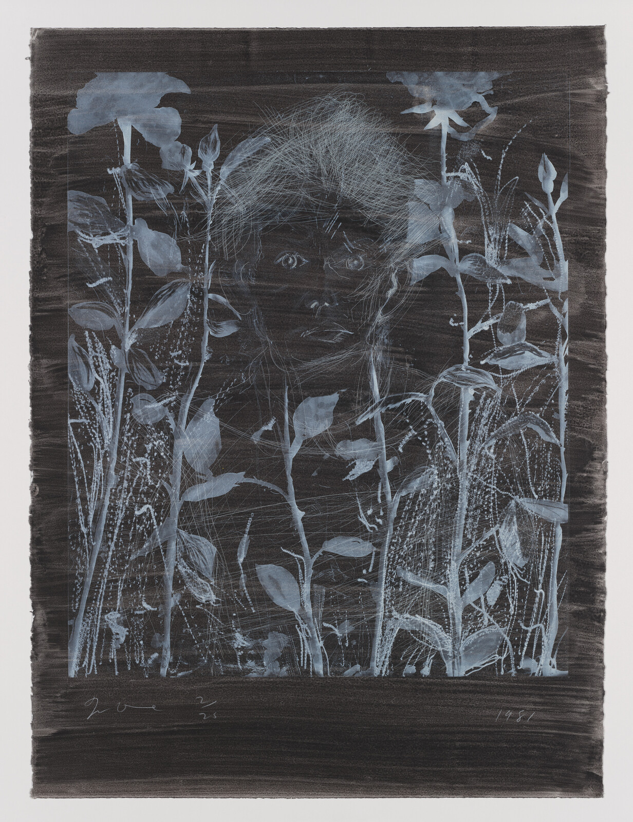 A monochromatic artwork featuring a subtle, ghostly impression of a human face overlaid with botanical imagery, including leaves and stems. The background is dark with lighter etchings that give texture and depth to the composition. The piece has a dreamlike, ethereal quality, with the natural elements seeming to emerge from or merge into the visage. There is a signature in the lower left corner and a number in the lower right corner, suggesting it's part of a limited series.