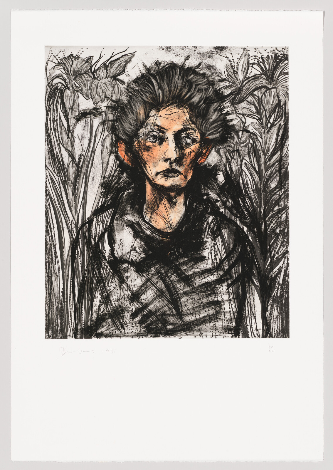 A monochromatic expressionist-style print featuring a portrait of a person with an intense gaze and wild, tousled hair, surrounded by abstract floral or plant-like patterns. The artwork is signed and dated at the bottom.