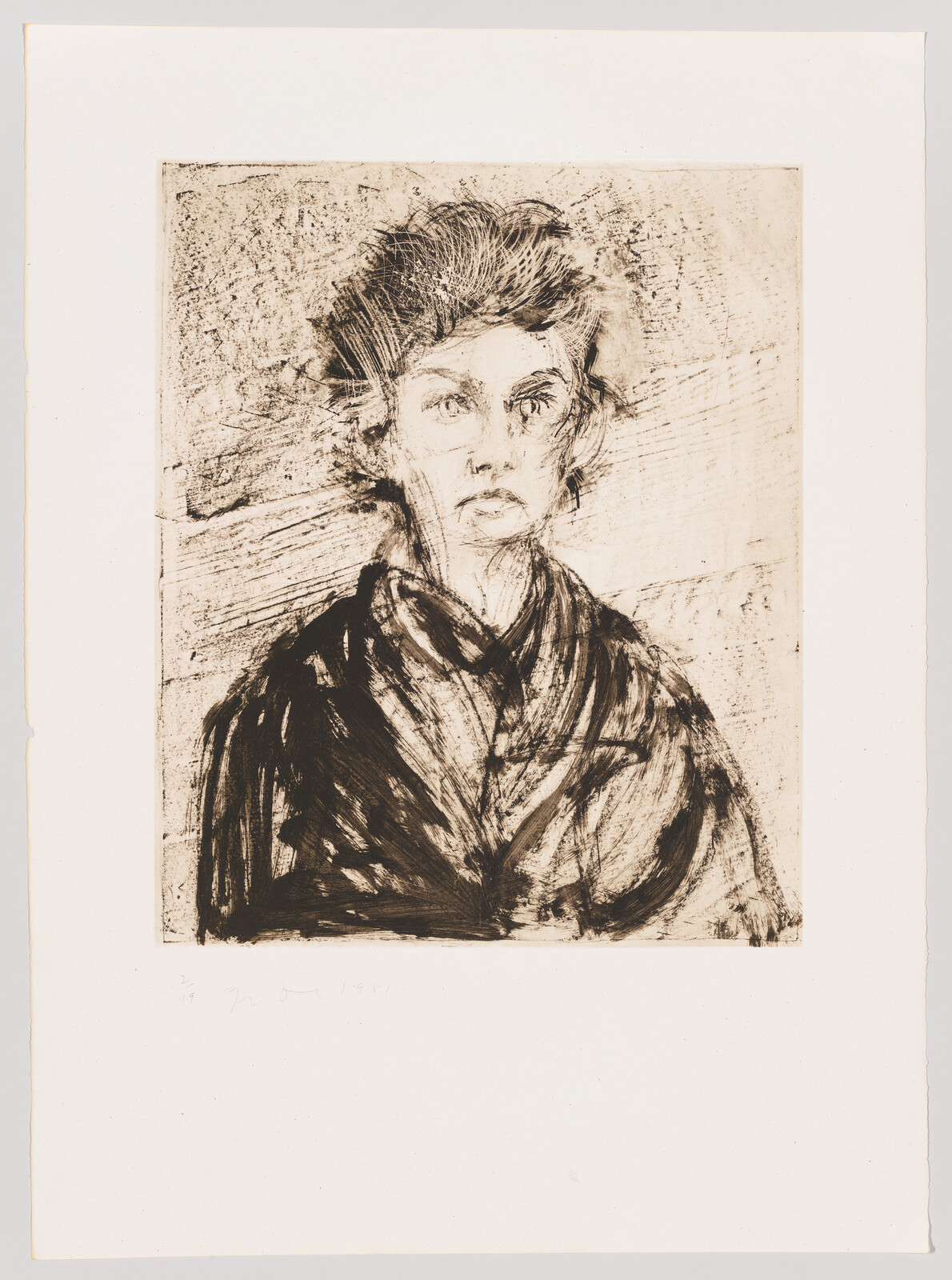 An expressive etching of a person's portrait with prominent, sketchy lines creating a sense of intensity and movement. The subject has wide eyes and a slightly open mouth, giving them a look of surprise or concern. The artwork is monochromatic, and there is a signature at the bottom left corner of the print. The print is mounted on a larger, off-white paper.