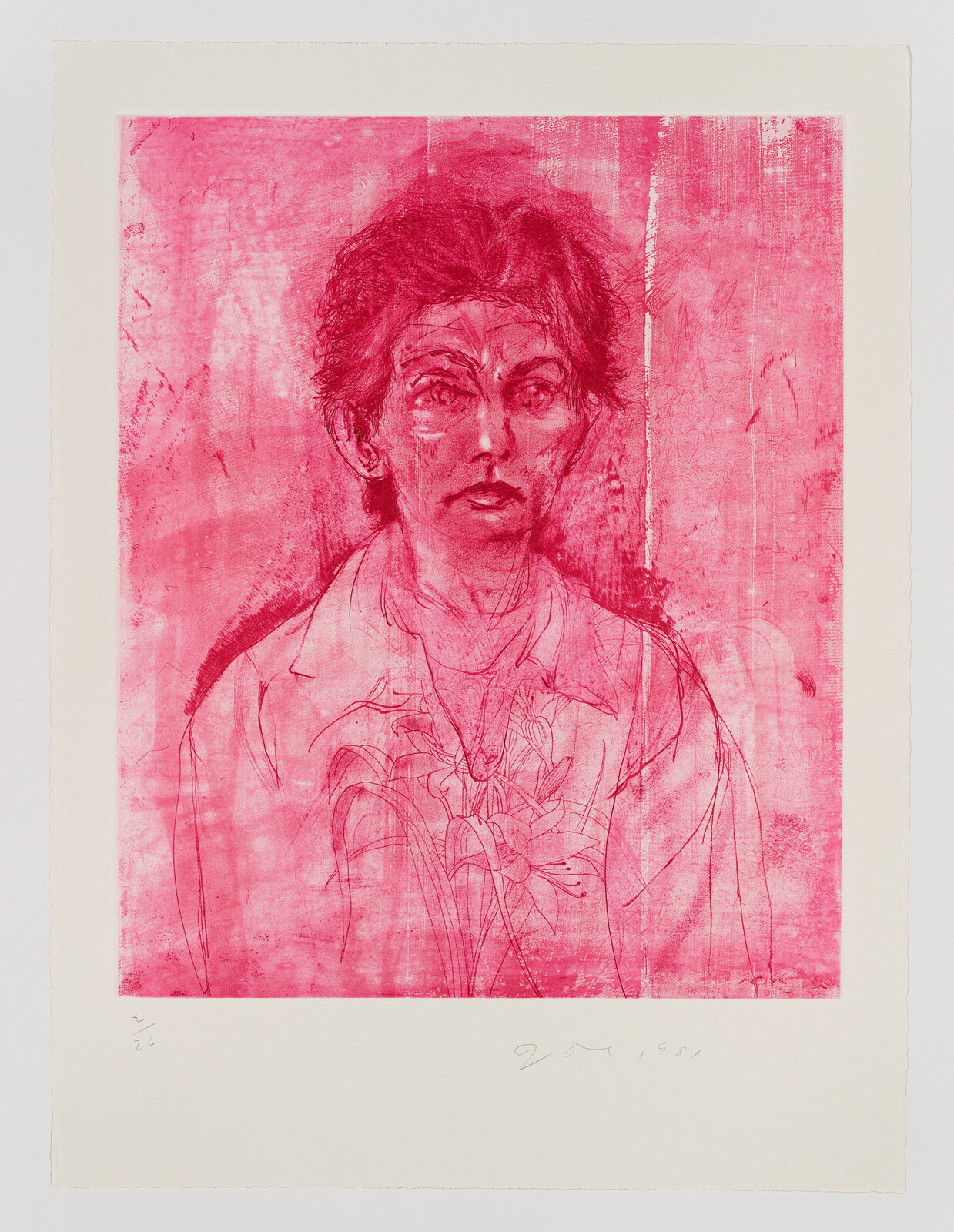 A monochromatic red print depicting a portrait of a person with an intense gaze and tousled hair. The background and the figure are sketched with expressive lines and marks, giving the artwork a raw and textured appearance. The print is signed and numbered at the bottom, indicating it's part of a limited series.