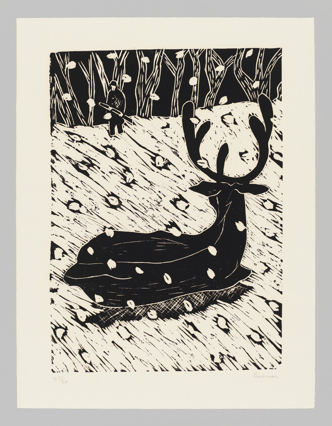 A dark stylized deer with large antlers rests on a leaf-strewn hillside while a hunter stands in the background.