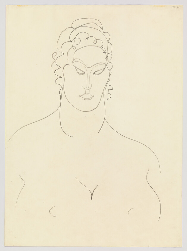 Stylized pencil line drawing of a woman's bare bust with simplified facial features.