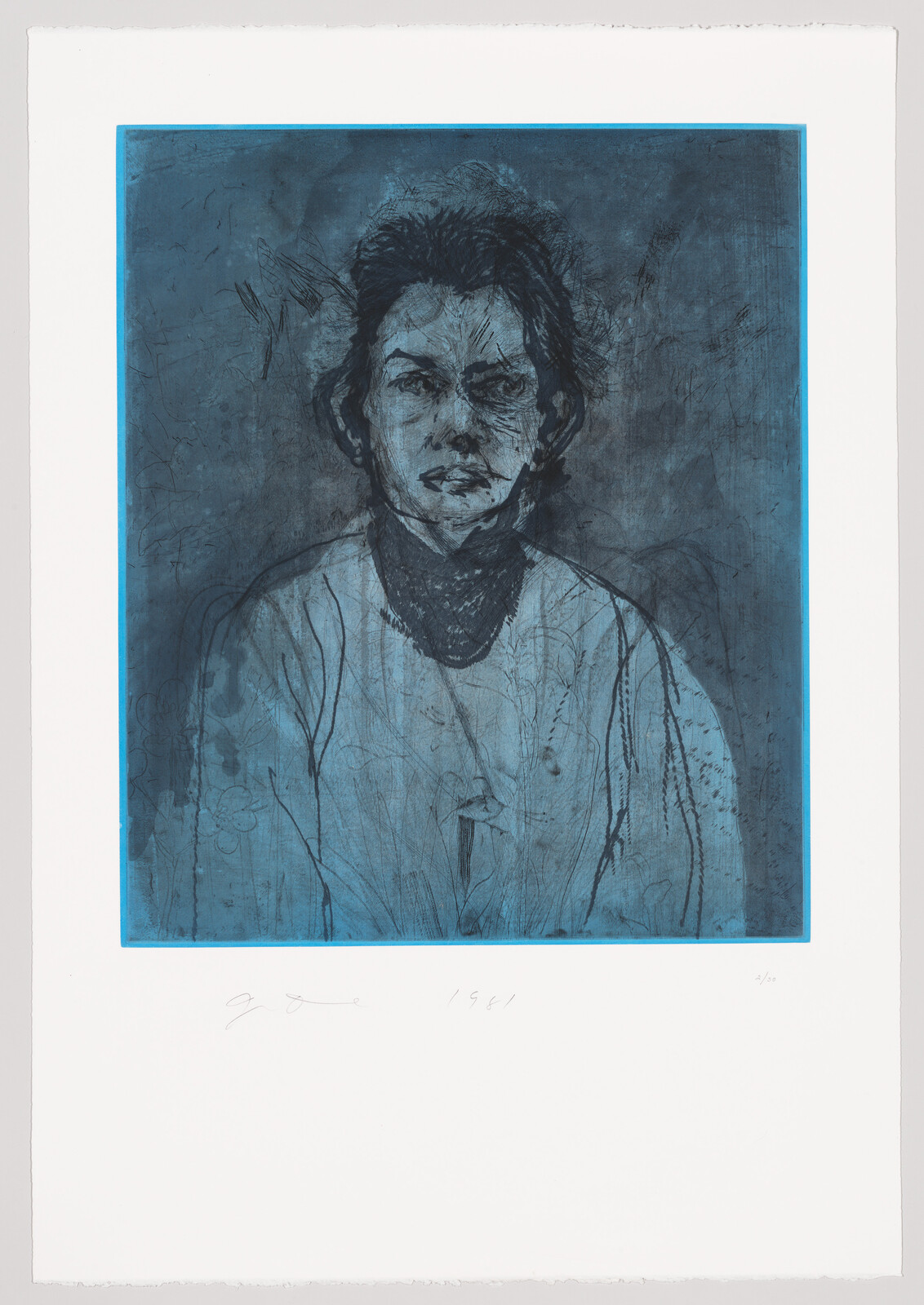 A print of a portrait featuring a person with an intense gaze, set against a textured blue background. The artwork is detailed with expressive lines and shadows, capturing a raw and emotive expression. The print is signed and dated 1981 in the bottom margin.