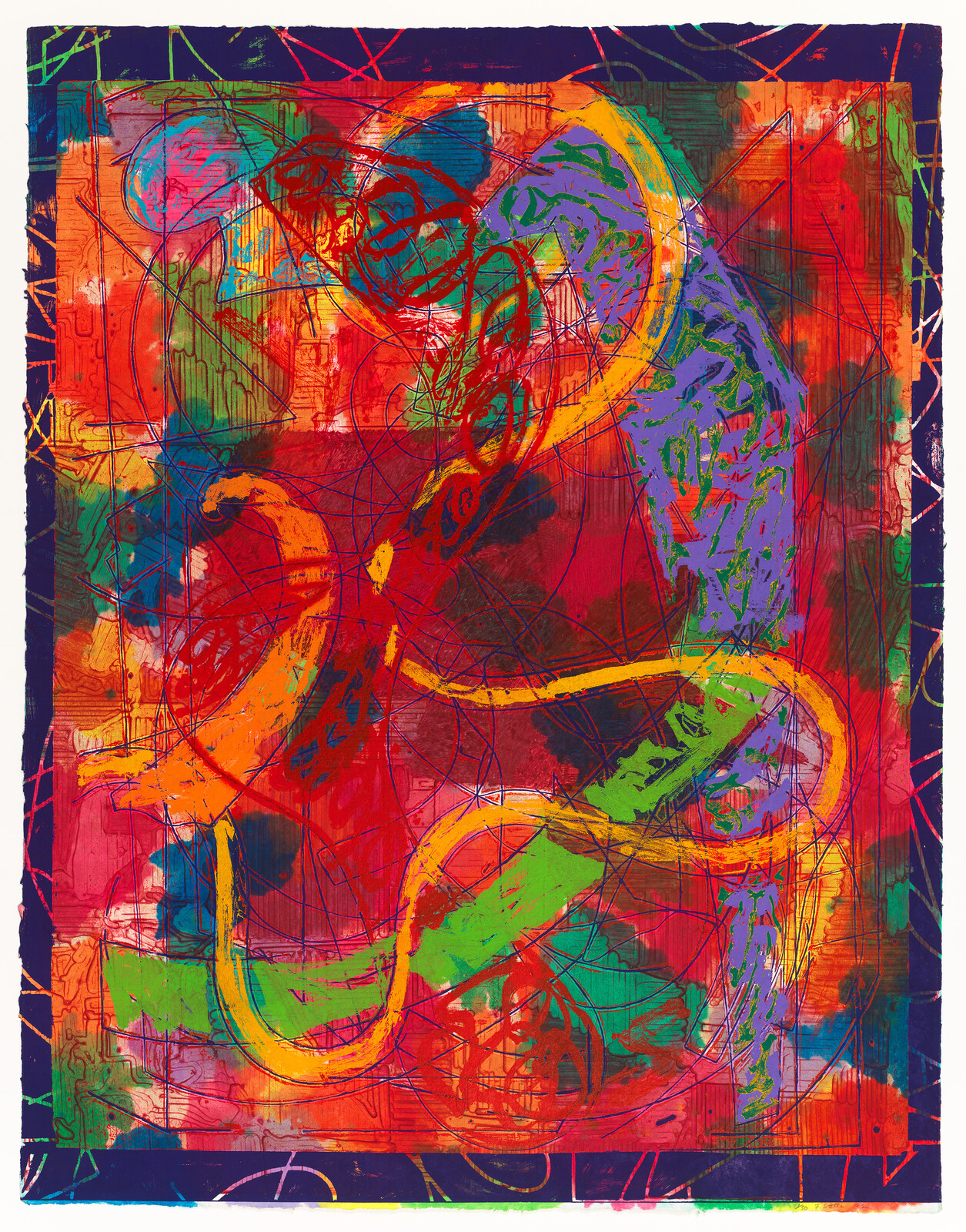 Bright abstract painting with looping yellow and green ribbons over a red and purple background.