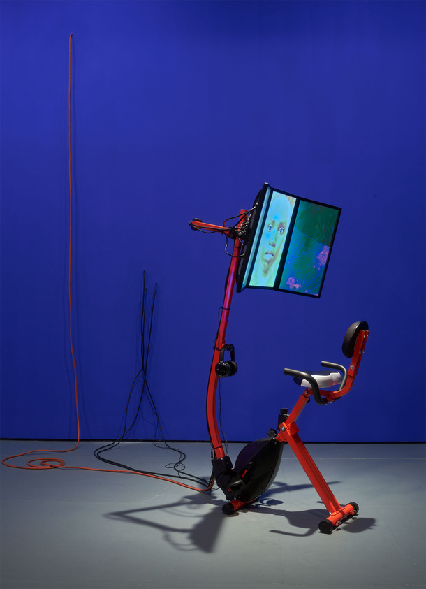 An exercise bike with a screen displaying a face, against a blue background with wires and a thin sculpture.