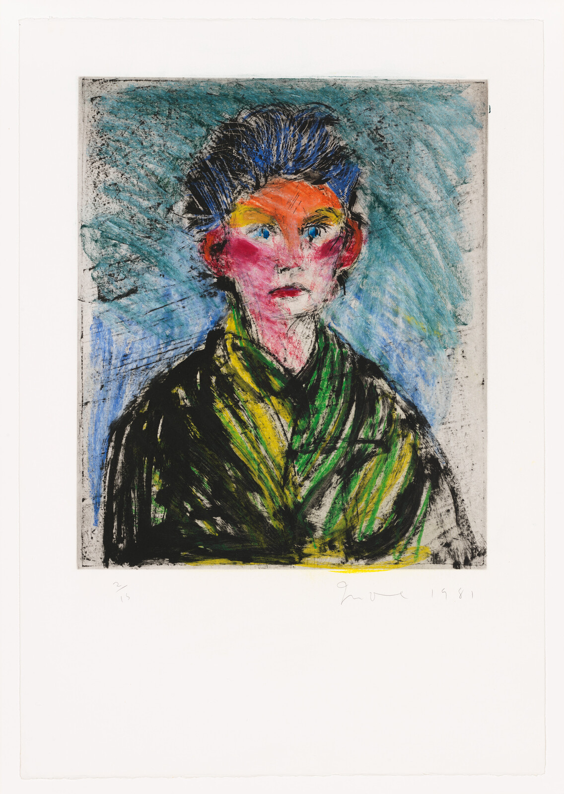 A colorful expressionist-style portrait of a person with prominent red cheeks and a blue-black hair, set against a textured blue background. The subject wears a green and black striped garment. The artwork has a rough, sketch-like quality and is signed and dated at the bottom.