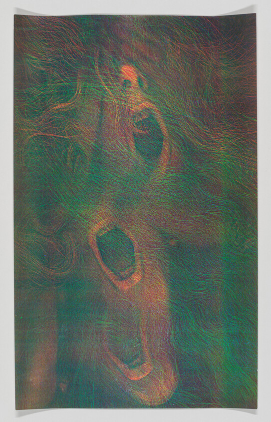 A textured abstract artwork showing distorted, screaming faces formed by swirling multicolored lines.