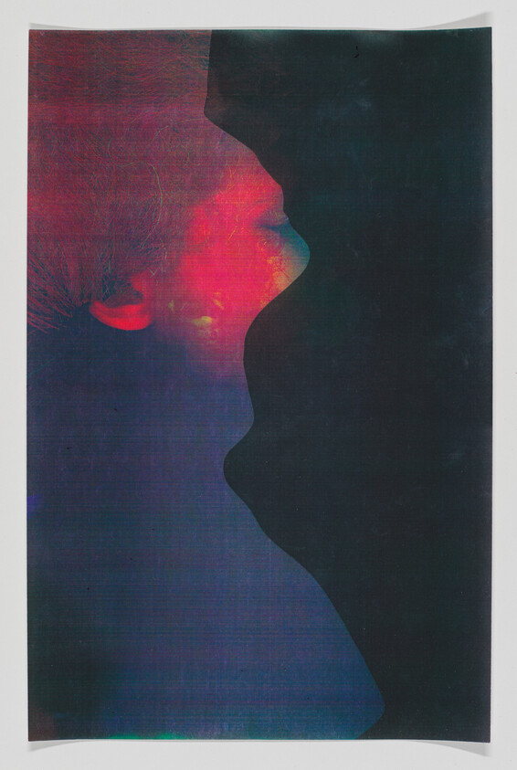 Two profiles face each other, one colorful and one dark, forming a near-kiss silhouette.
