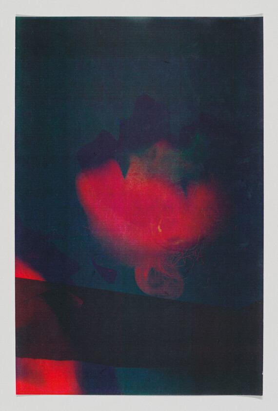 A dark abstract composition with a glowing red flower-like shape and a broad black band across the lower area.
